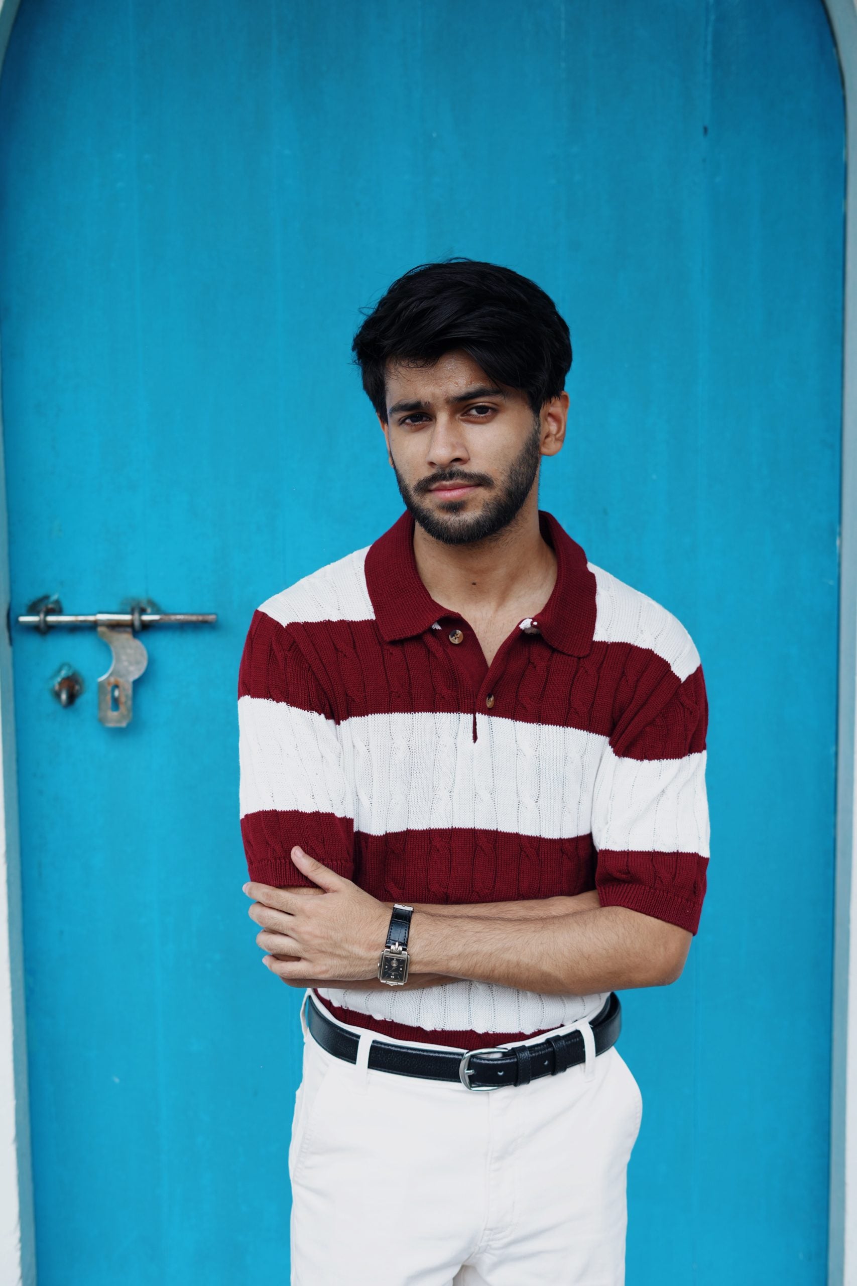 Luxury Cable Knit Polo – Striped Maroon