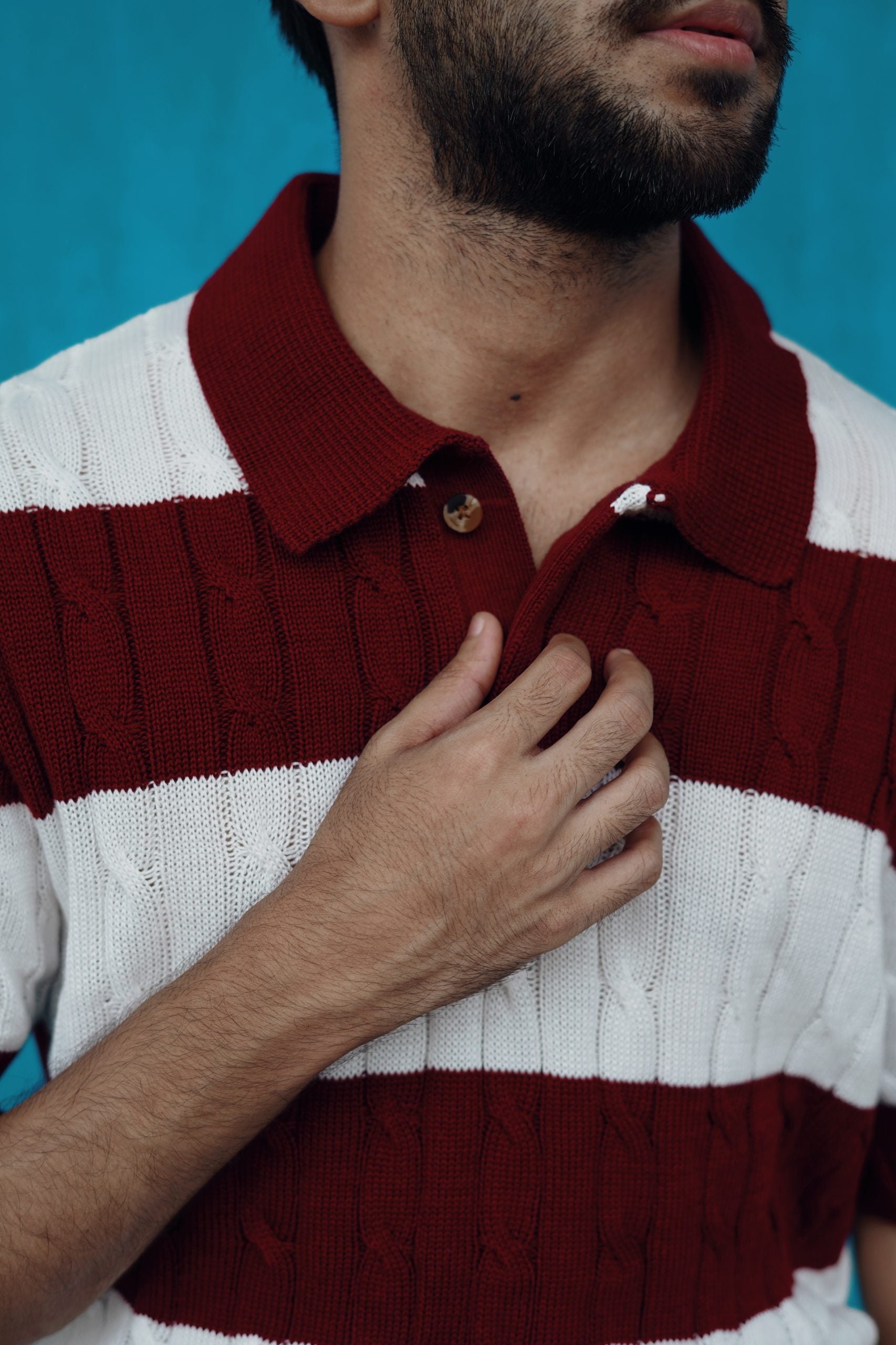Luxury Cable Knit Polo – Striped Maroon