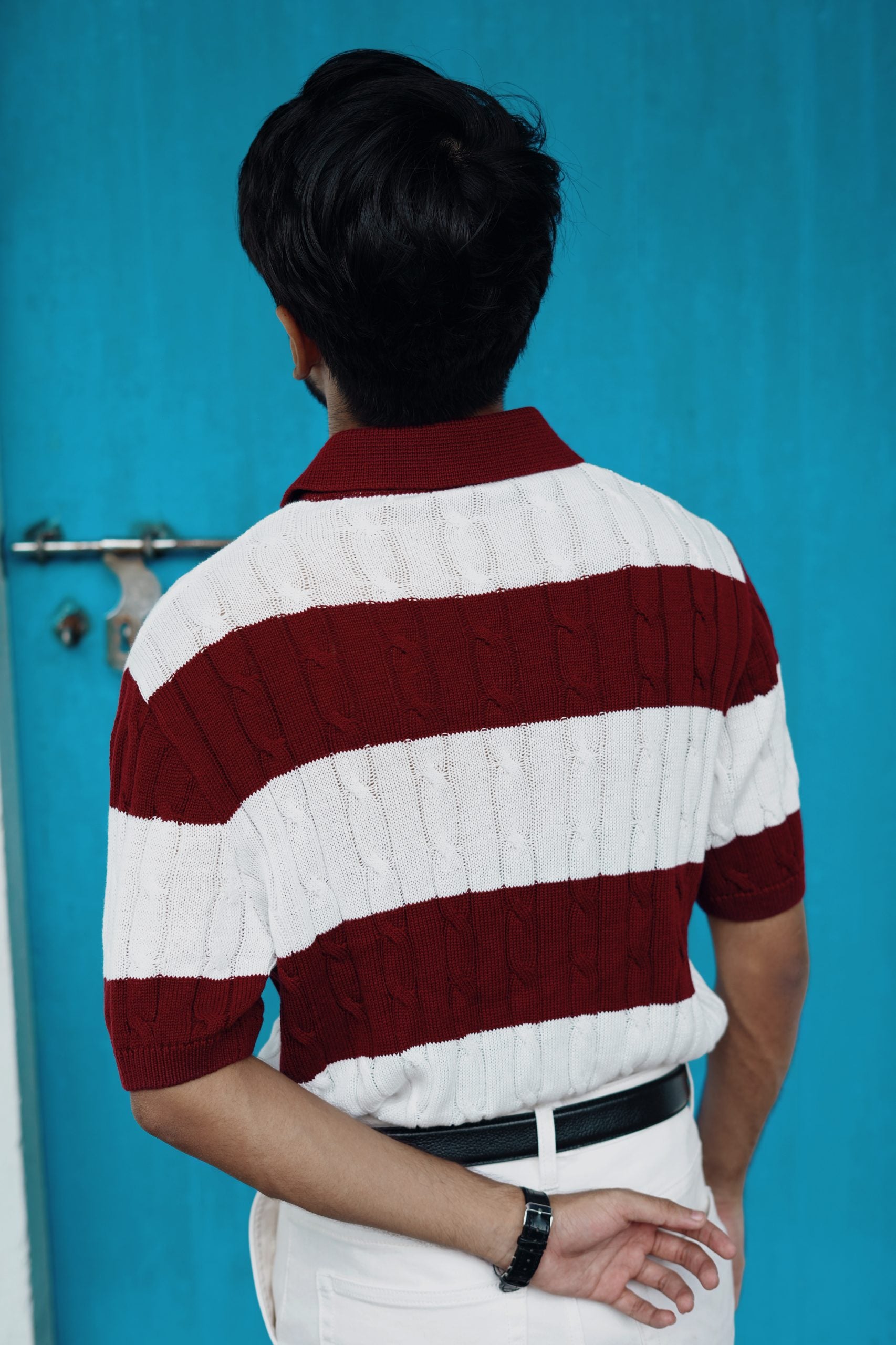 Luxury Cable Knit Polo – Striped Maroon