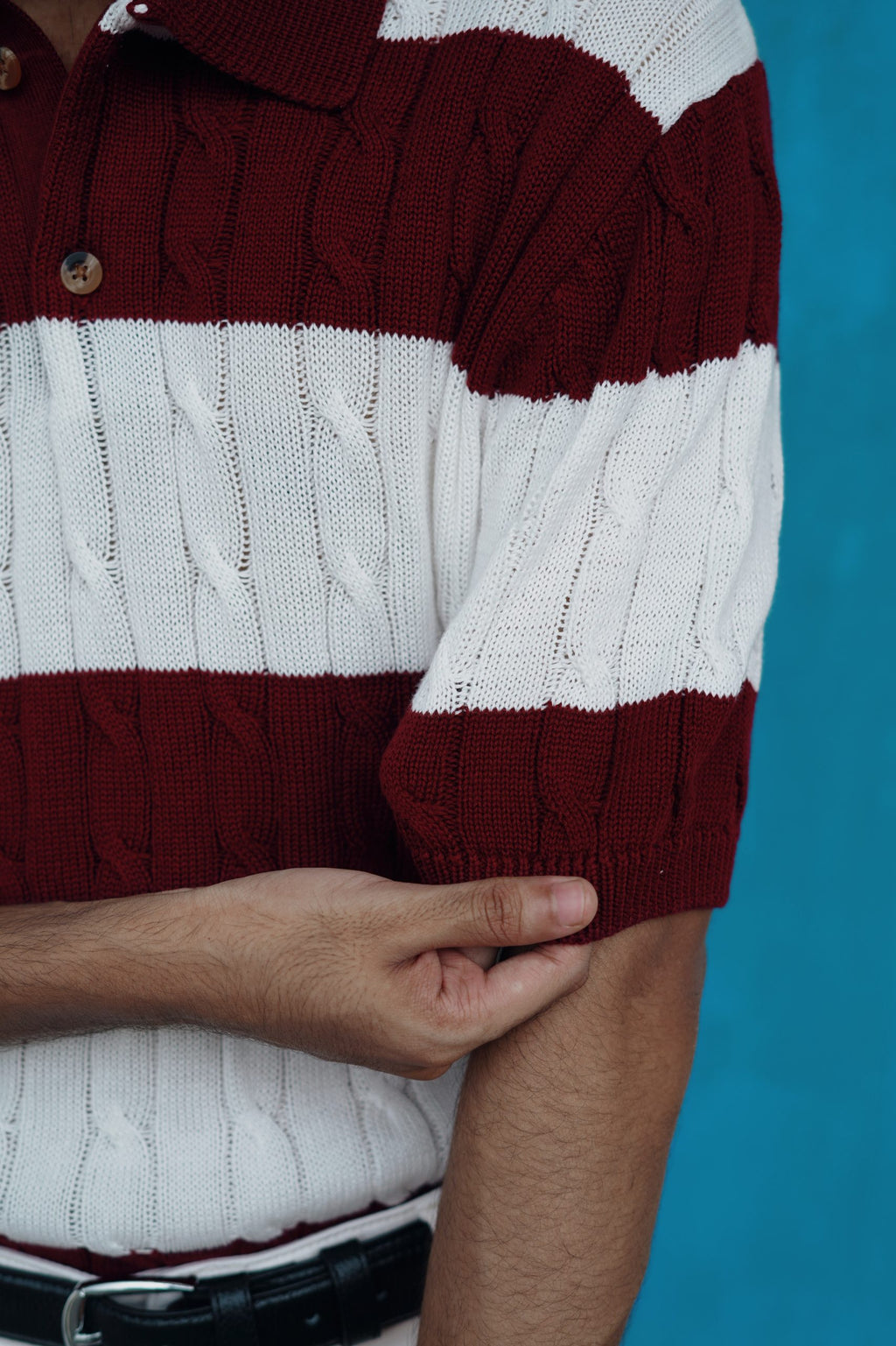 Luxury Cable Knit Polo – Striped Maroon