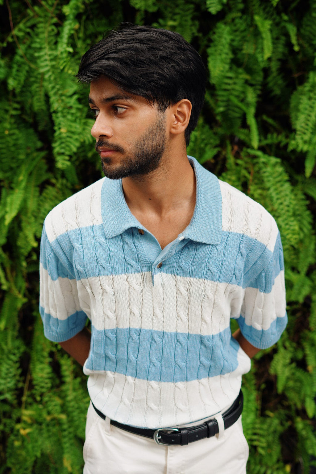 Luxury Cable Knit Polo – Stripe Blue