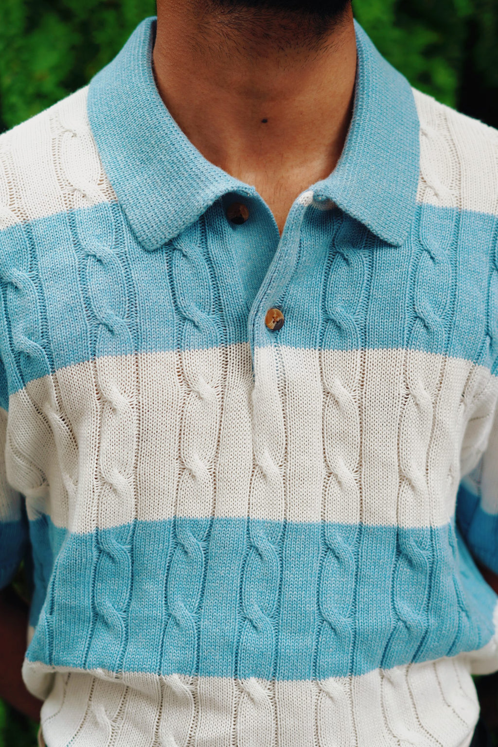 Luxury Cable Knit Polo – Stripe Blue