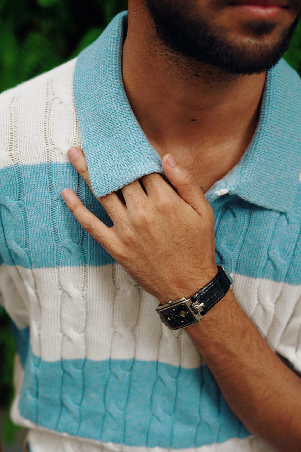Luxury Cable Knit Polo – Stripe Blue