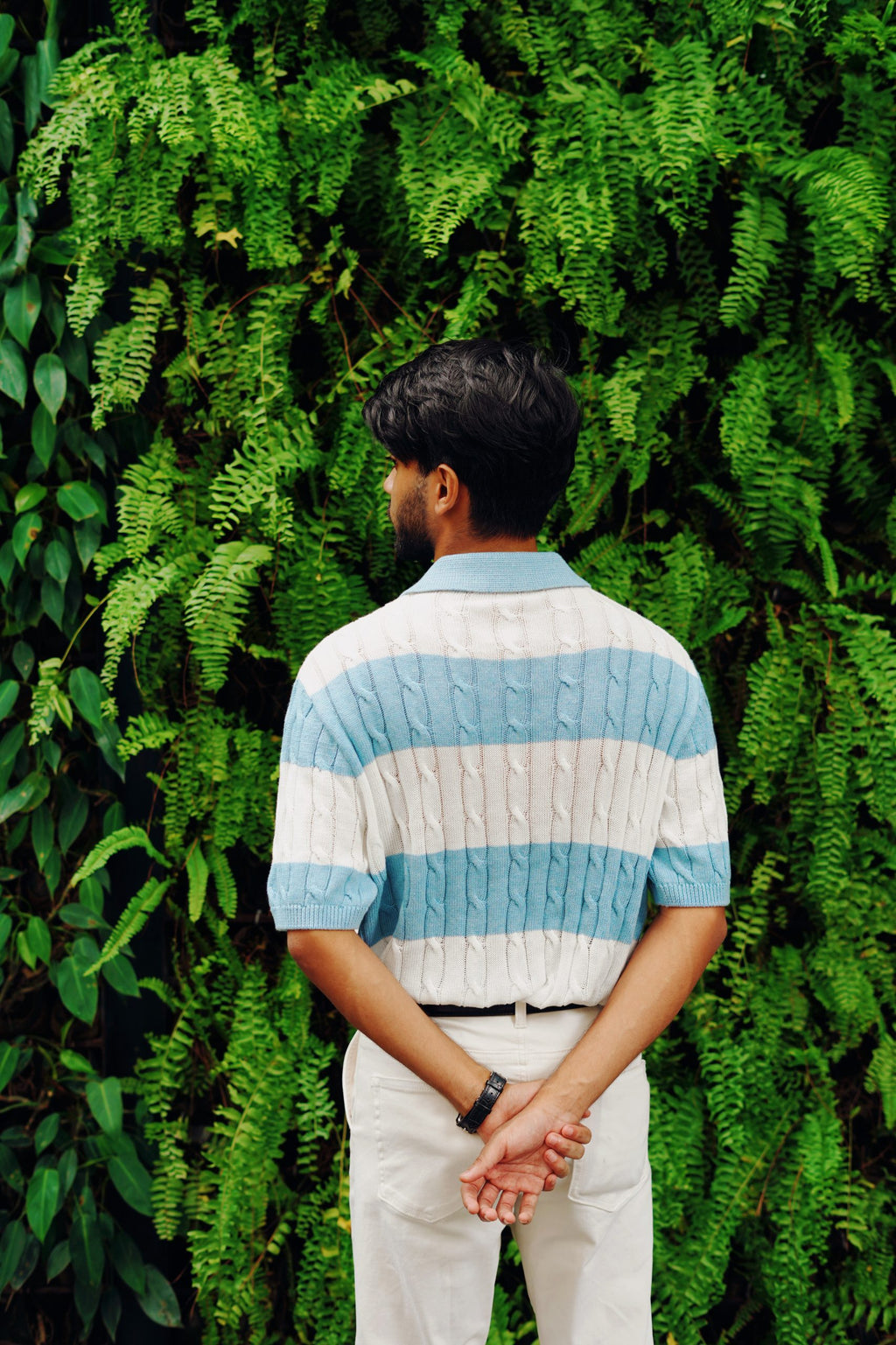 Luxury Cable Knit Polo – Stripe Blue