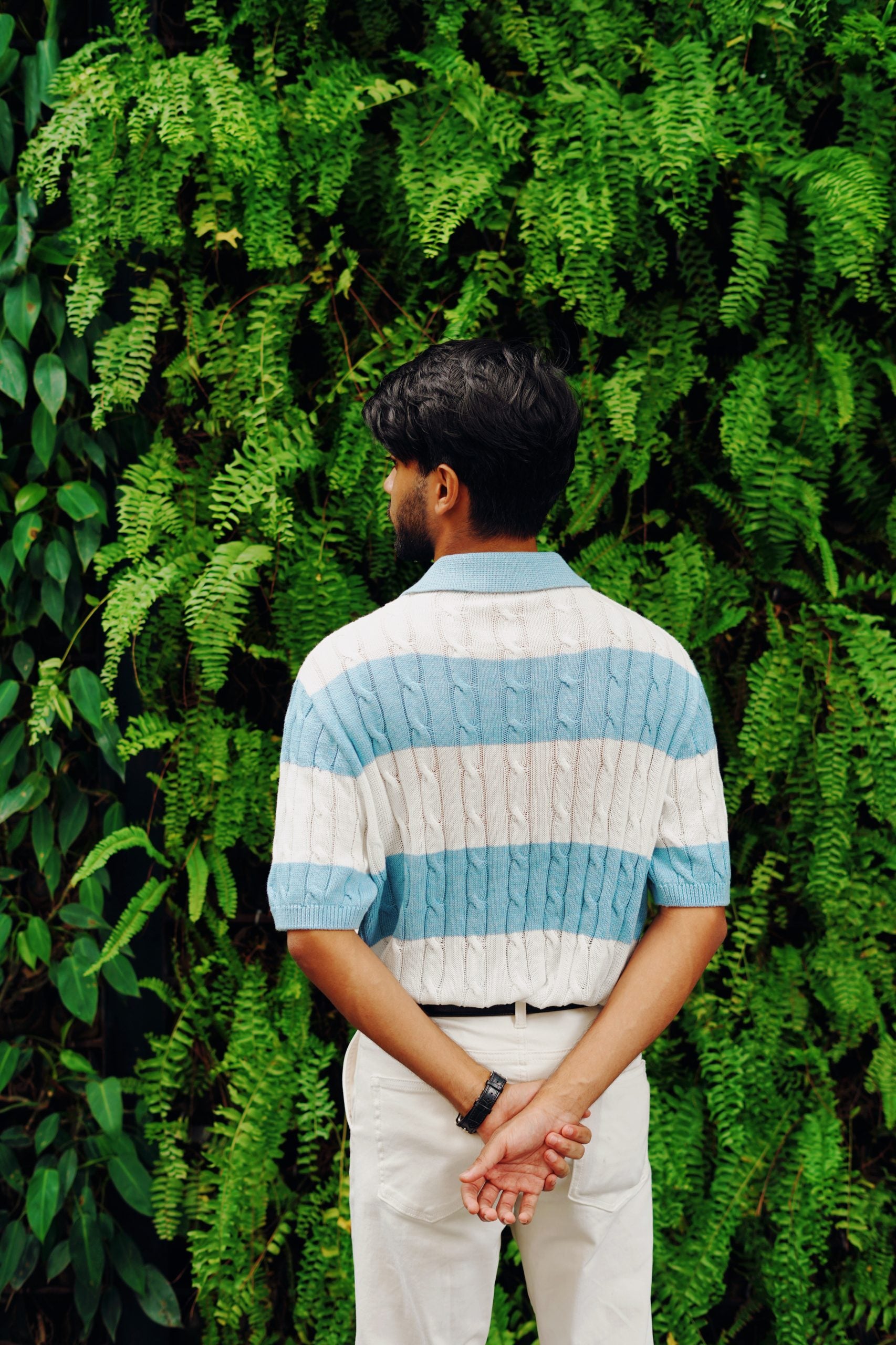 Luxury Cable Knit Polo – Stripe Blue
