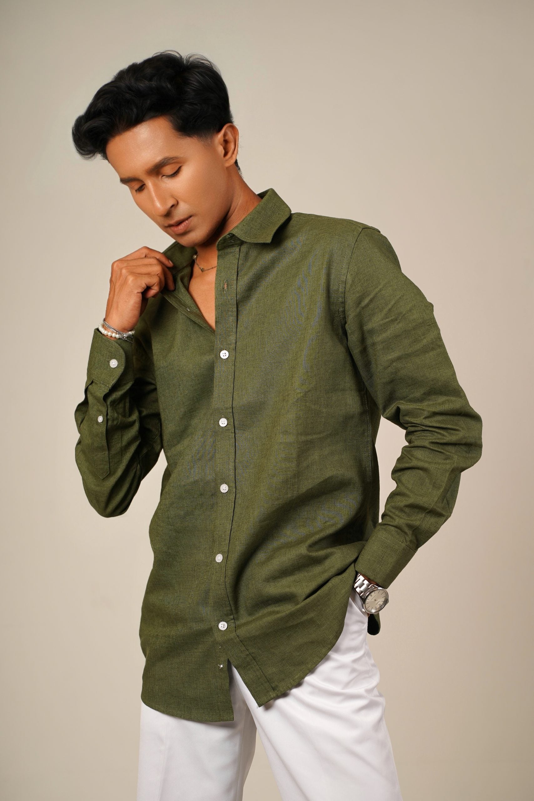 Pure Linen Shirt – Olive Green